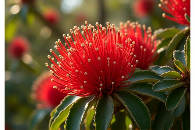 Vibrant Waratah blooms and native foliage under a bright Australian sky, representing growth and connection.