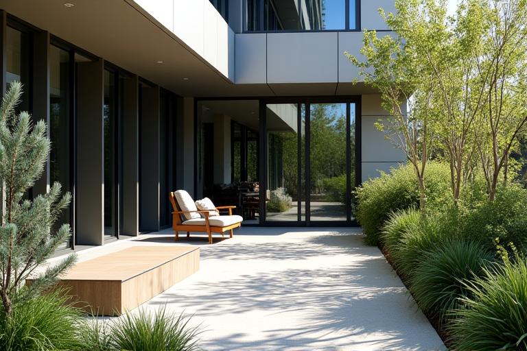 Modern commercial building with a sophisticated native plant landscape design