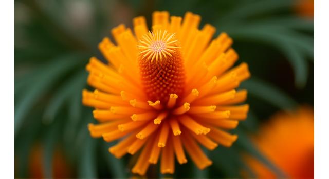 Close-up of a vibrant, orange Banksia flower in bloom