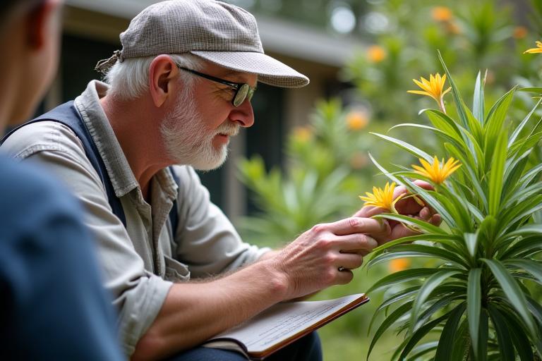 Botanist examining native plant in a garden setting
